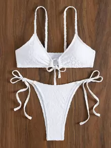 SHEIN Swim Bộ Bikini Họa Tiết Da Báo Đi Biển Mùa Hè Nút Thắt Phía Trước & Thắt Nơ Bên Dưới 2 Mảnh Bikini - trắng - Xem 4