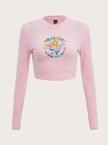 Letter & Floral Graphic Crop Tee - Baby Pink - View 1