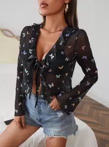 SHEIN Privé Top à imprimé papillon à volants à nœud court en tulle (sans soutien-gorge)