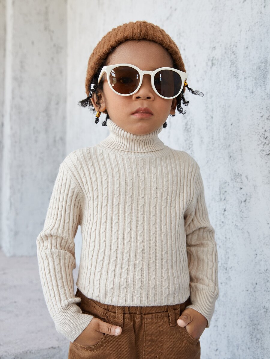 Toddler Boys Turtle Neck Cable Knit Jumper - Apricot - View 1