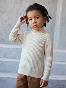 Toddler Boys Turtle Neck Cable Knit Jumper - Apricot - View 5