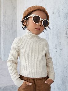 Toddler Boys Turtle Neck Cable Knit Jumper - Apricot - View 6