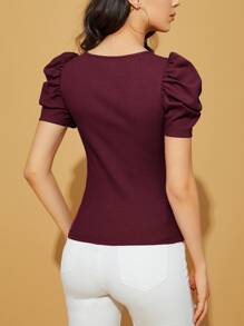 SHEIN Privé Camiseta escote corazón de manga farol tejido de canalé - Granate - Ver 2