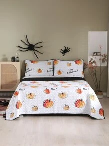 Halloween Pumpkin & Slogan Graphic Bedspread Set - Multicolor - View 1