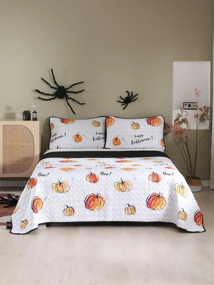 Halloween Pumpkin & Slogan Graphic Bedspread Set - Multicolor - View 1