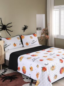 Halloween Pumpkin & Slogan Graphic Bedspread Set - Multicolor - View 7