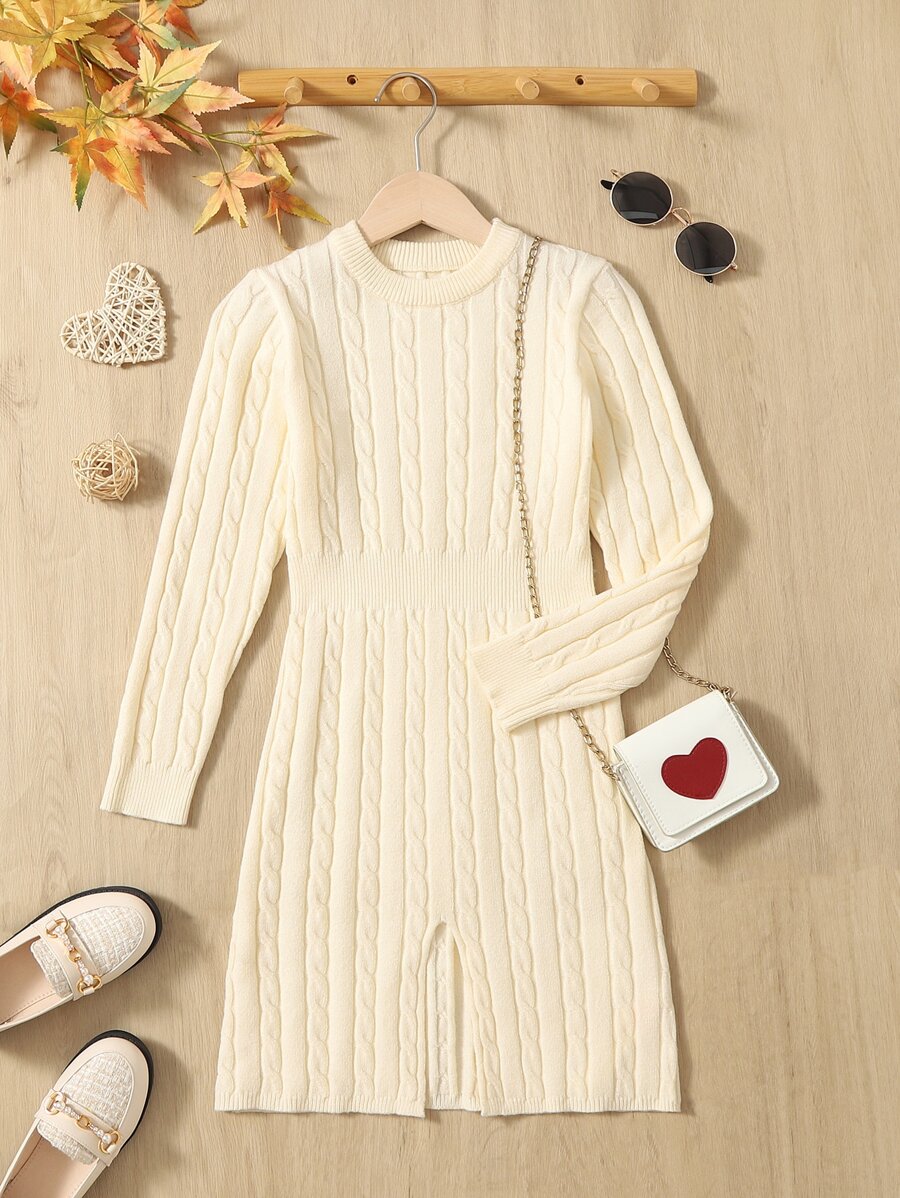 Girls Split Hem Cable Knit Jumper Dress - Apricot - View 1