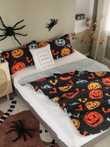 Halloween Pumpkin & Bat Print Bedspread Set - Multicolor - View 1