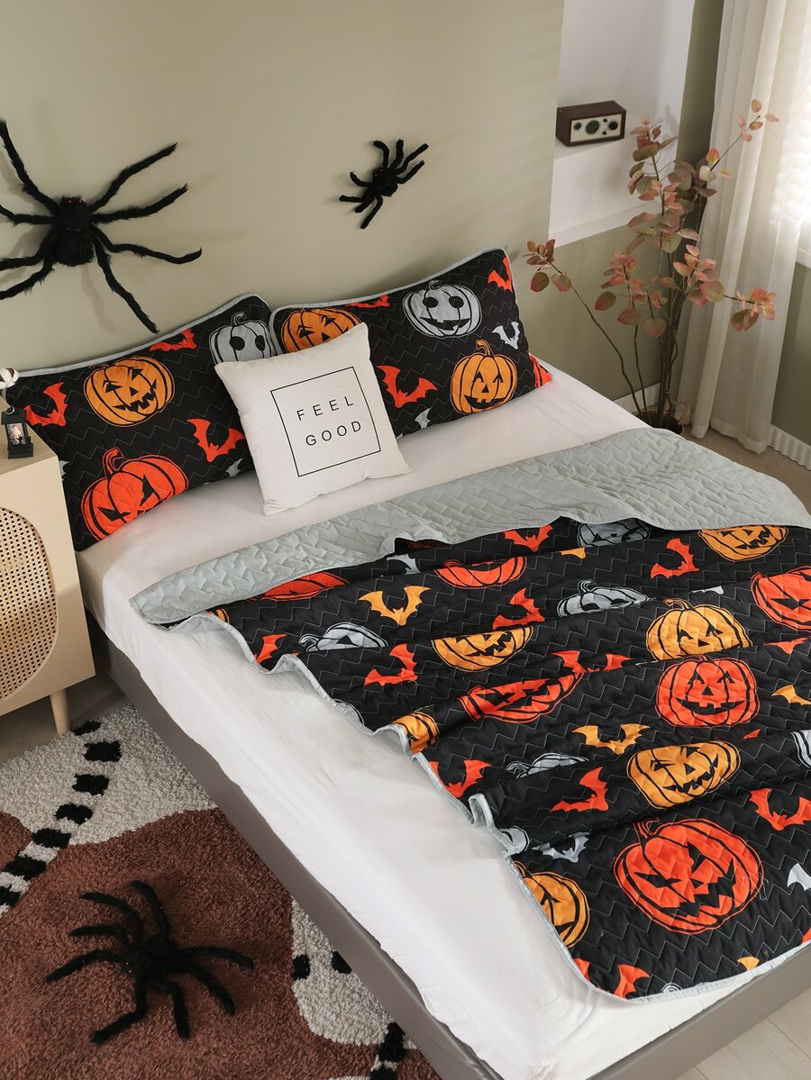 Halloween Pumpkin & Bat Print Bedspread Set - Multicolor - View 1