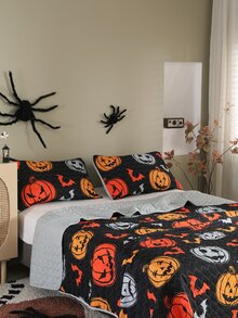 Halloween Pumpkin & Bat Print Bedspread Set - Multicolor - View 2