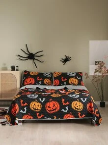 Halloween Pumpkin & Bat Print Bedspread Set - Multicolor - View 5
