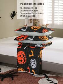 Halloween Pumpkin & Bat Print Bedspread Set - Multicolor - View 8