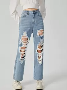 Chicas adolescentes Jeans de pierna recta con lavado desgarro - Lavado ligero - Ver 1