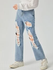 Chicas adolescentes Jeans de pierna recta con lavado desgarro - Lavado ligero - Ver 4