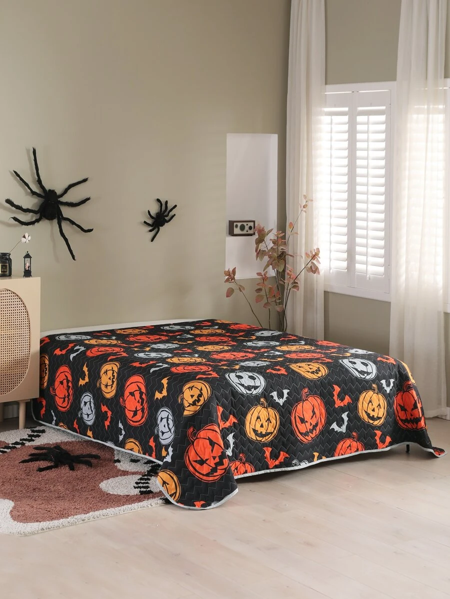 Halloween Pumpkin & Bat Print Bedspread - Multicolor - View 1