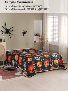 Halloween Pumpkin & Bat Print Bedspread - Multicolor - View 4