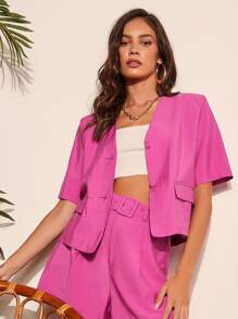 SHEIN Privé Flap Detail Single Breasted Blazer - Red Violet - View 1