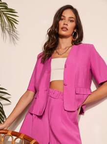 SHEIN Privé Flap Detail Single Breasted Blazer - Red Violet - View 3