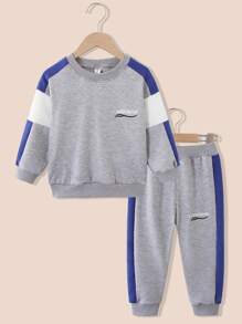 SHEIN Young Boy Color Block Contrast Sideseam Sweatshirt & Sweatpants - Grey - View 1