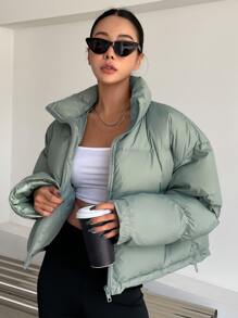 DAZY 束口下擺下墜肩拉鍊棉袄厚實口袋外套 - 薄荷綠 - 查看 5