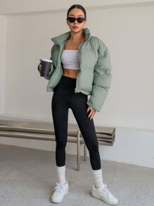 DAZY 束口下擺下墜肩拉鍊棉袄厚實口袋外套 - 薄荷綠 - 查看 3