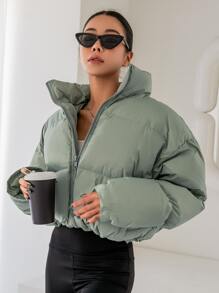 DAZY 束口下擺下墜肩拉鍊棉袄厚實口袋外套 - 薄荷綠 - 查看 6