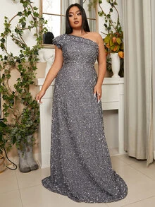 seomiscky 大碼單肩荷葉邊亮片正式洋裝 - 灰色 - 查看 3