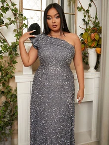 seomiscky 大碼單肩荷葉邊亮片正式洋裝 - 灰色 - 查看 5