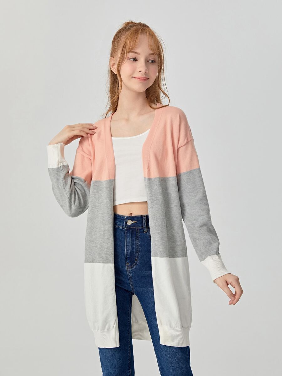 SHEIN 青少年女孩撞色落肩袖開襟衫 - 彩色 - 查看 1