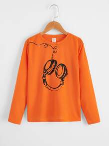 SHEIN Tween Boy Casual Knitted Round Neck Long Sleeve T-Shirt With Earphones Design - Orange - View 1