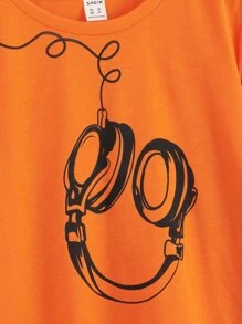 SHEIN Tween Boy Casual Knitted Round Neck Long Sleeve T-Shirt With Earphones Design - Orange - View 3
