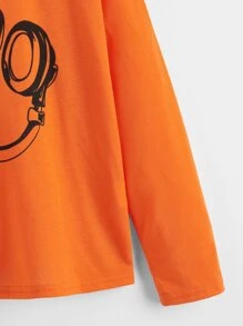 SHEIN Tween Boy Casual Knitted Round Neck Long Sleeve T-Shirt With Earphones Design - Orange - View 4