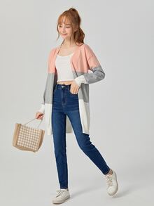SHEIN 青少年女孩撞色落肩袖開襟衫 - 彩色 - 查看 5