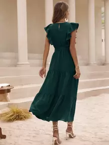 Chiquease Đầm Thắt lưng Xù màu trơn Giải trí - Màu xanh lá cây đậm - Xem 2