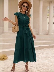 Chiquease Đầm Thắt lưng Xù màu trơn Giải trí - Màu xanh lá cây đậm - Xem 4