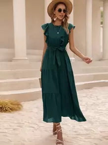 Chiquease Đầm Thắt lưng Xù màu trơn Giải trí - Màu xanh lá cây đậm - Xem 5