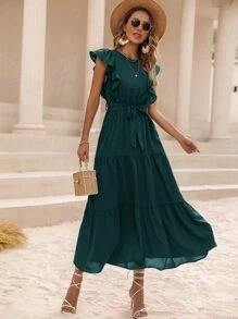 Chiquease Đầm Thắt lưng Xù màu trơn Giải trí - Màu xanh lá cây đậm - Xem 6