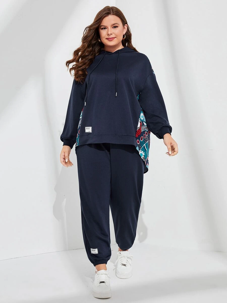 Mulvari 大碼印花前短後長落肩袖連帽衫和運動褲 - 藏蓝色 - 查看 1