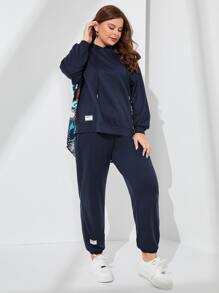 Mulvari 大碼印花前短後長落肩袖連帽衫和運動褲 - 藏蓝色 - 查看 5