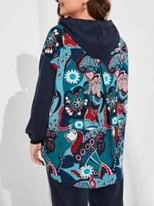 Mulvari 大碼印花前短後長落肩袖連帽衫和運動褲 - 藏蓝色 - 查看 6