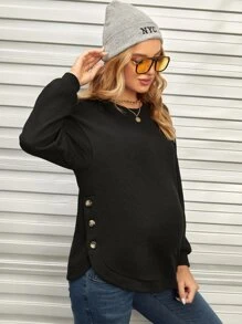 SHEIN Maternidad Sudadera unicolor con botón lateral de hombros caídos - Negro - Ver 1