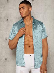 Manfinity AFTRDRK Men Random Floral Jacquard Satin Shirt - Dusty Blue - View 1