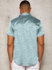 Manfinity AFTRDRK Men Random Floral Jacquard Satin Shirt - Dusty Blue - View 2