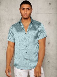 Manfinity AFTRDRK Men Random Floral Jacquard Satin Shirt - Dusty Blue - View 4