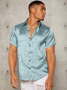 Manfinity AFTRDRK Men Random Floral Jacquard Satin Shirt - Dusty Blue - View 5