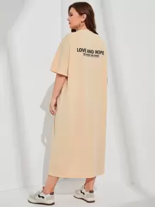 Mulvari Plus Letter Graphic Drop Shoulder Tee Dress - Khaki - View 2