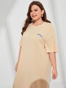 Mulvari Plus Letter Graphic Drop Shoulder Tee Dress - Khaki - View 6