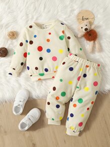 Baby Polka Dot Print Sweatshirt & Sweatpants - Khaki - View 1