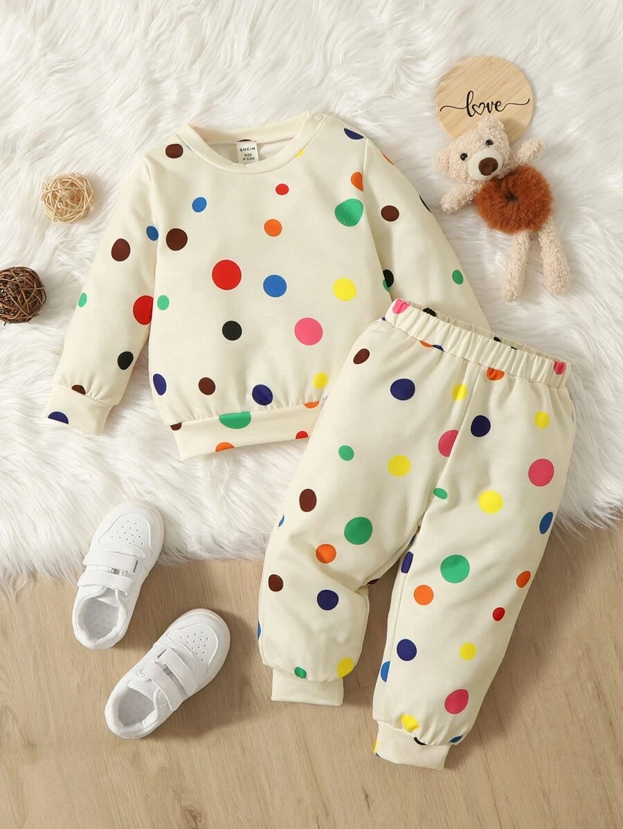 Baby Polka Dot Print Sweatshirt & Sweatpants - Khaki - View 1