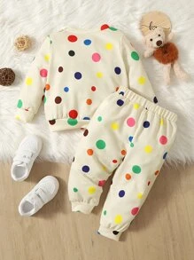 Baby Polka Dot Print Sweatshirt & Sweatpants - Khaki - View 2
